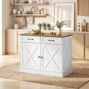 Kitchen Island with Sitting Space, Sideboard Cabinet with 2 Drawers and 2 Adjustable Shelves for Dining Room, White