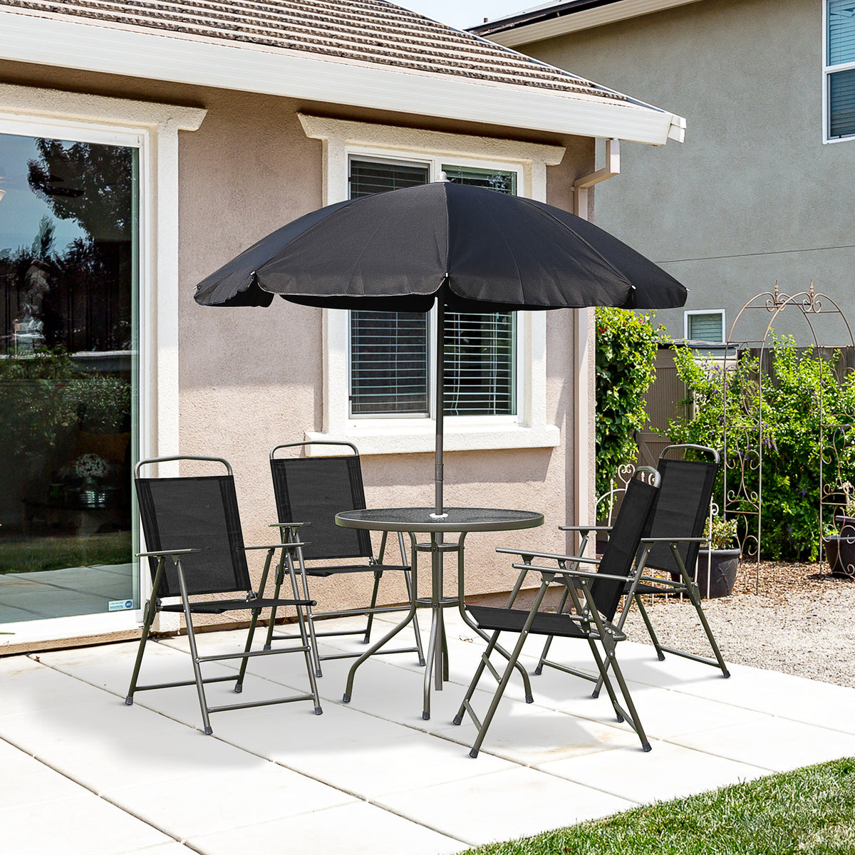 6 Pieces Outdoor Dining Set for 4 with Umbrella Patio Outdoor Furniture Set with Round Table 4 Folding Chairs Cream