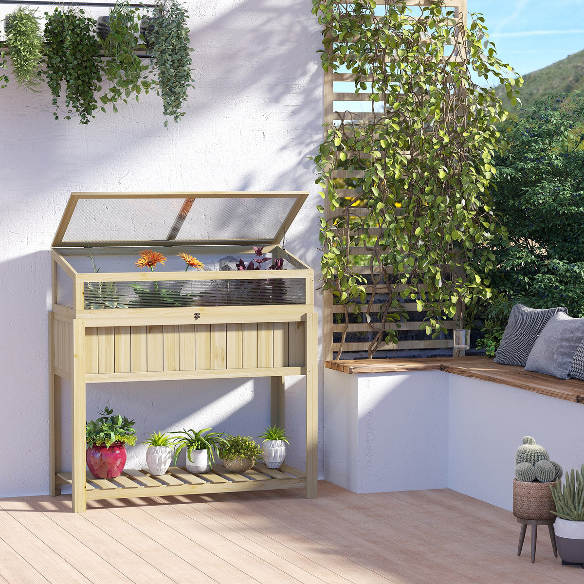 Raised Garden Bed, Outdoor Wooden & PVC Elevated Planter Box with Cold Frame Greenhouse and Storage Shelf, Natural