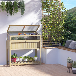 Raised Garden Bed, Outdoor Wooden & PVC Elevated Planter Box with Cold Frame Greenhouse and Storage Shelf, Natural