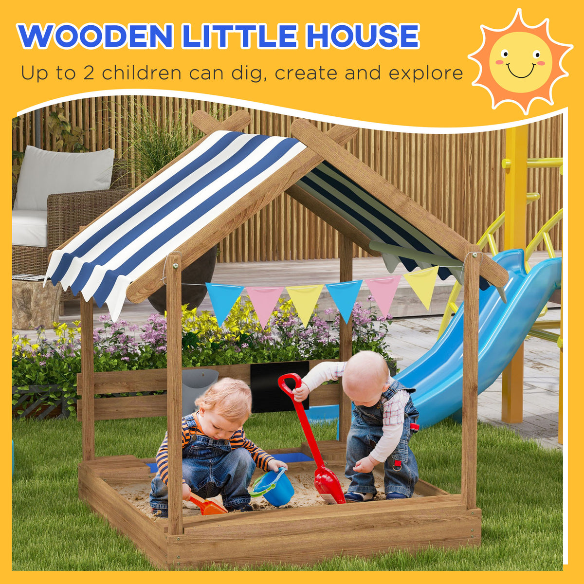 Outdoor Wooden Sandbox with Cover for 3-7 Years Old, Backyard, Brown – view 4