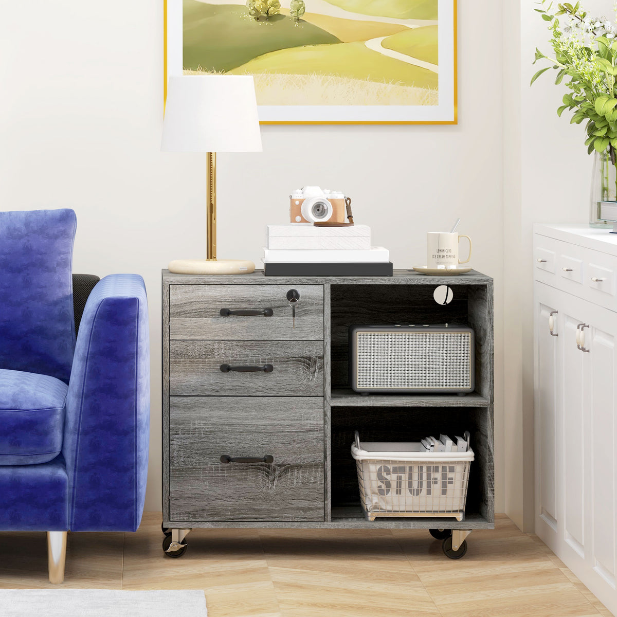 Mobile Printer Stand with Charging Station USB Ports Locking Filing Cabinet for A4 Letter Size Grey