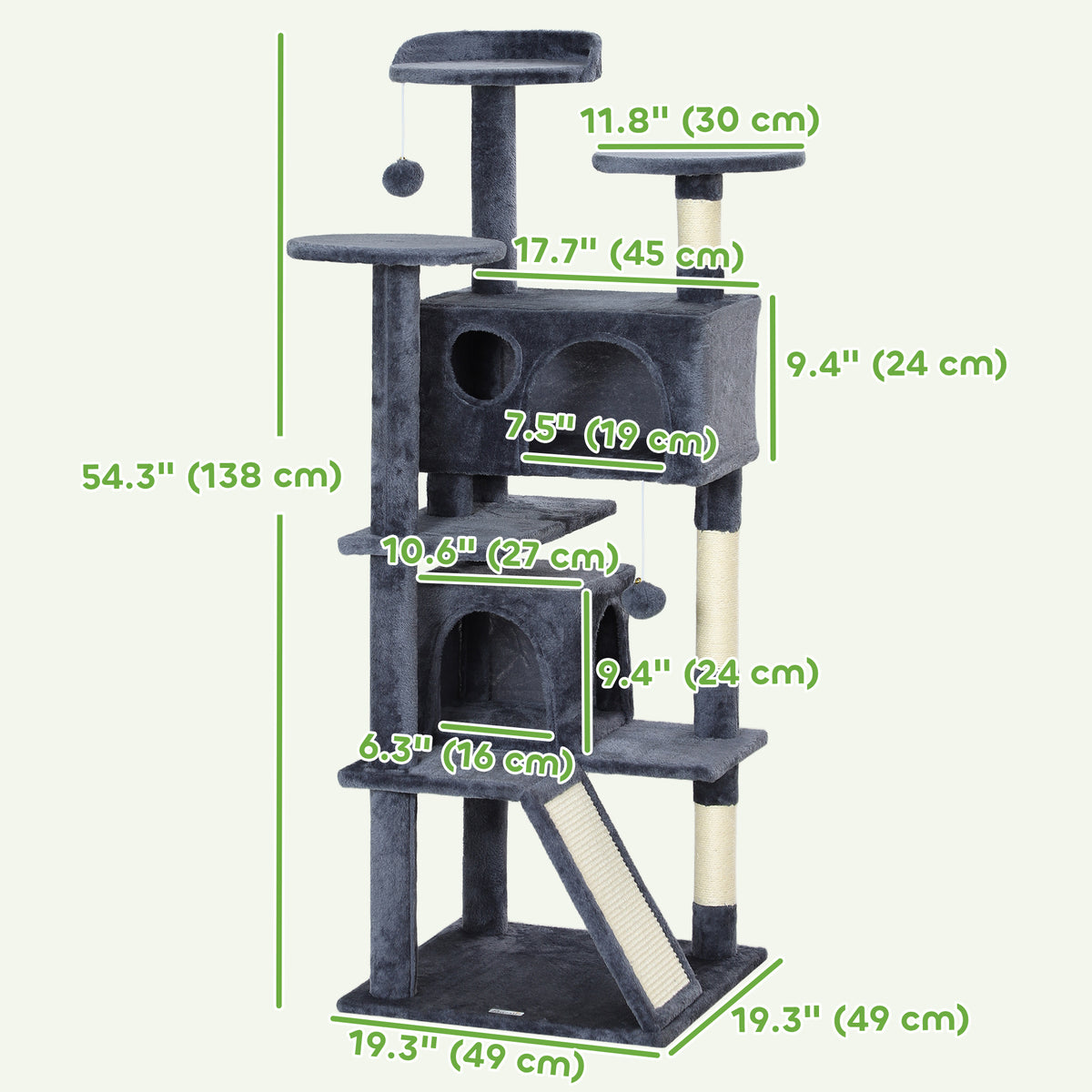 54" Cat Tree, Multi-Level Cat Tower with Scratching Posts, Cat Condos, Bed, Platforms, Ramp, Toy Ball, Beige – view 9