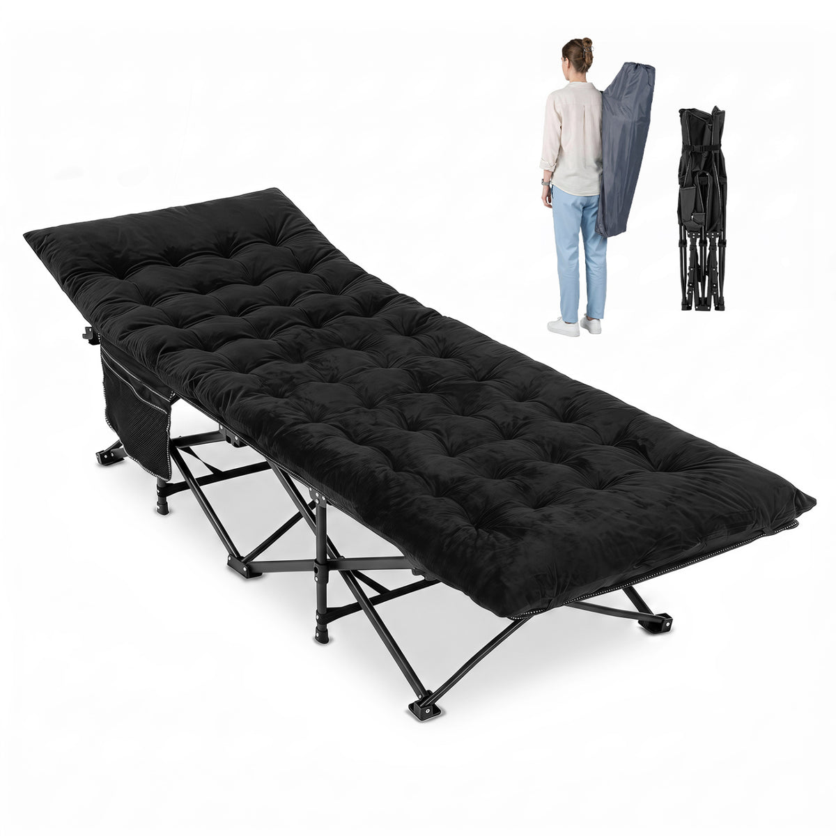 Camping Cot for Adults with Soft Padded Mat and Carrying Bag-Black