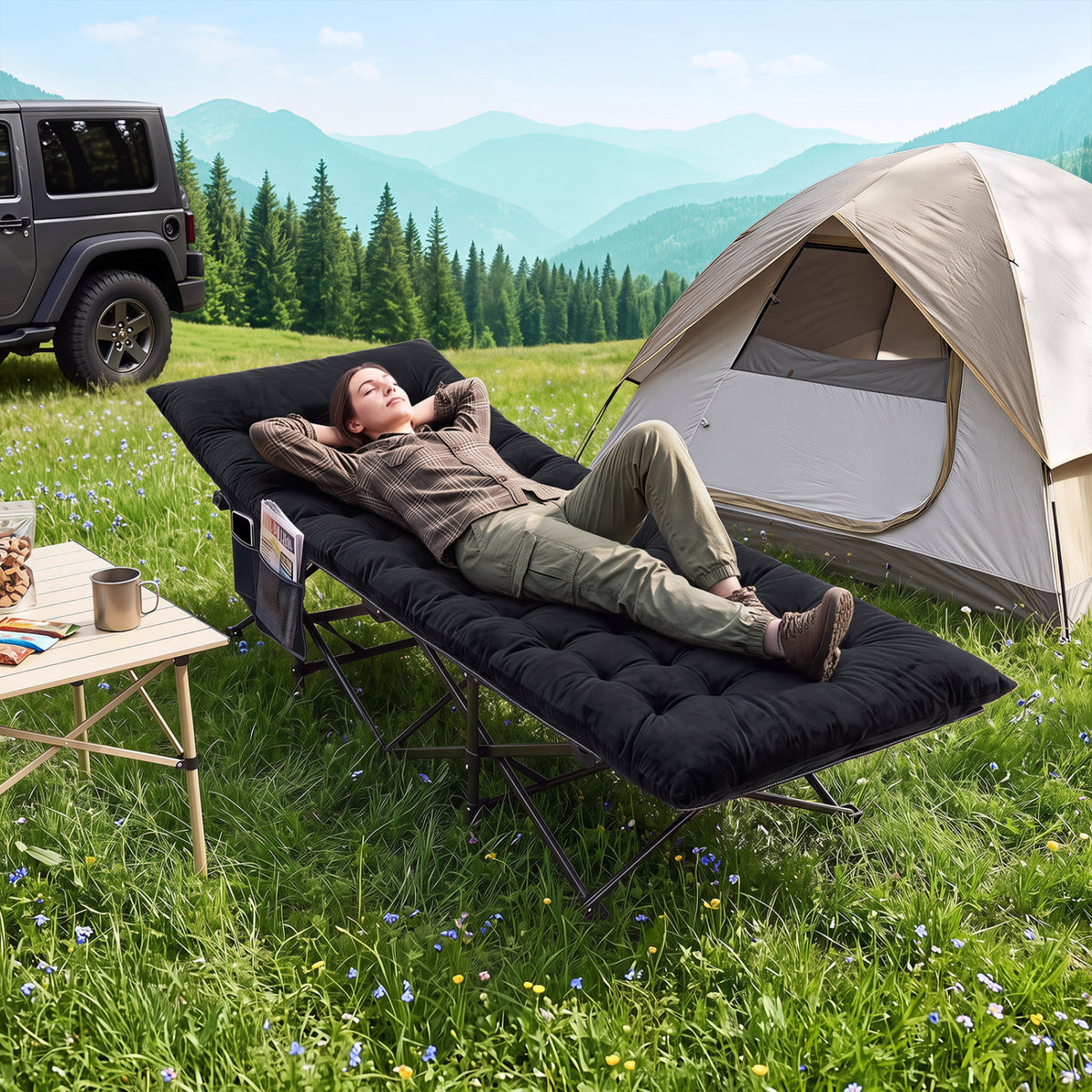 Camping Cot for Adults with Soft Padded Mat and Carrying Bag-Black view 2