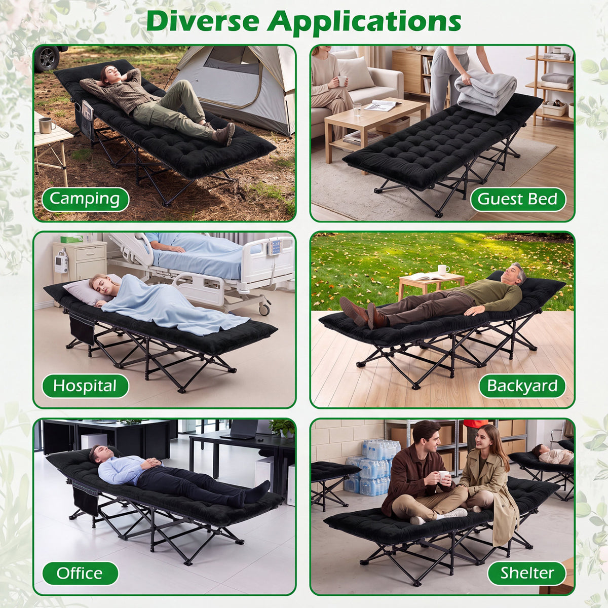 Camping Cot for Adults with Soft Padded Mat and Carrying Bag-Black view 9