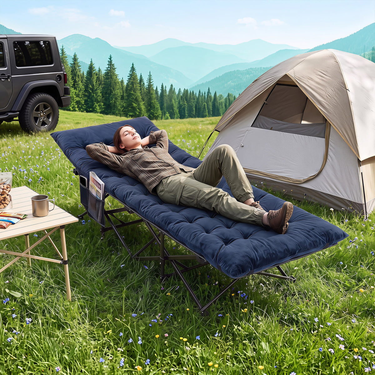 Camping Cot for Adults with Soft Padded Mat and Carrying Bag-Navy view 2