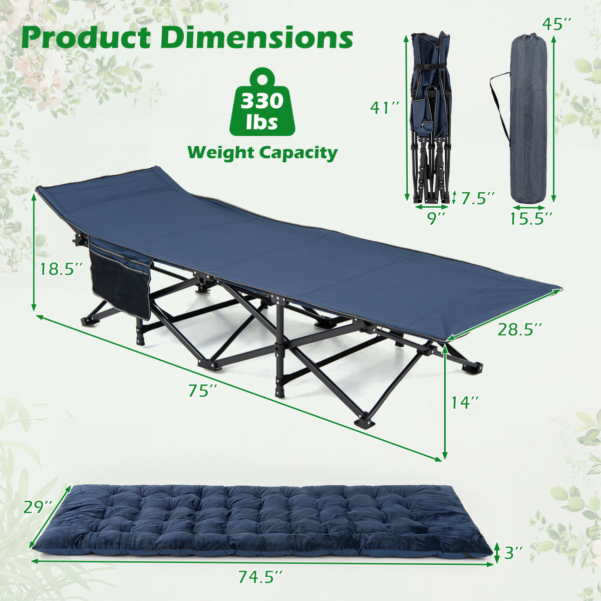 Camping Cot for Adults with Soft Padded Mat and Carrying Bag-Navy view 5