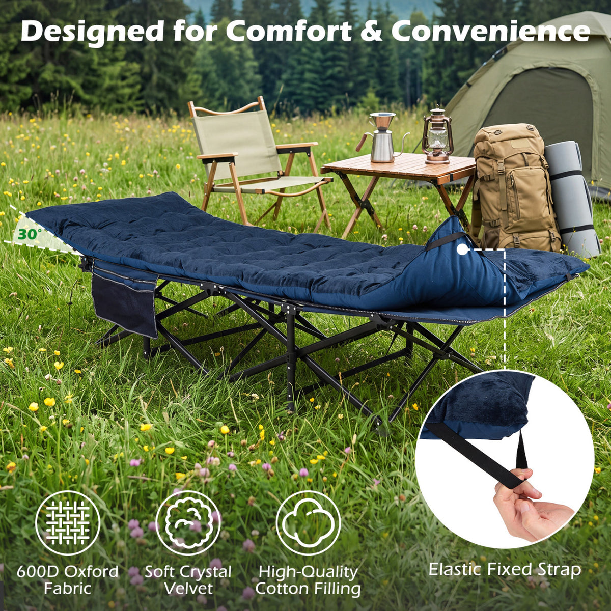 Camping Cot for Adults with Soft Padded Mat and Carrying Bag-Navy view 9