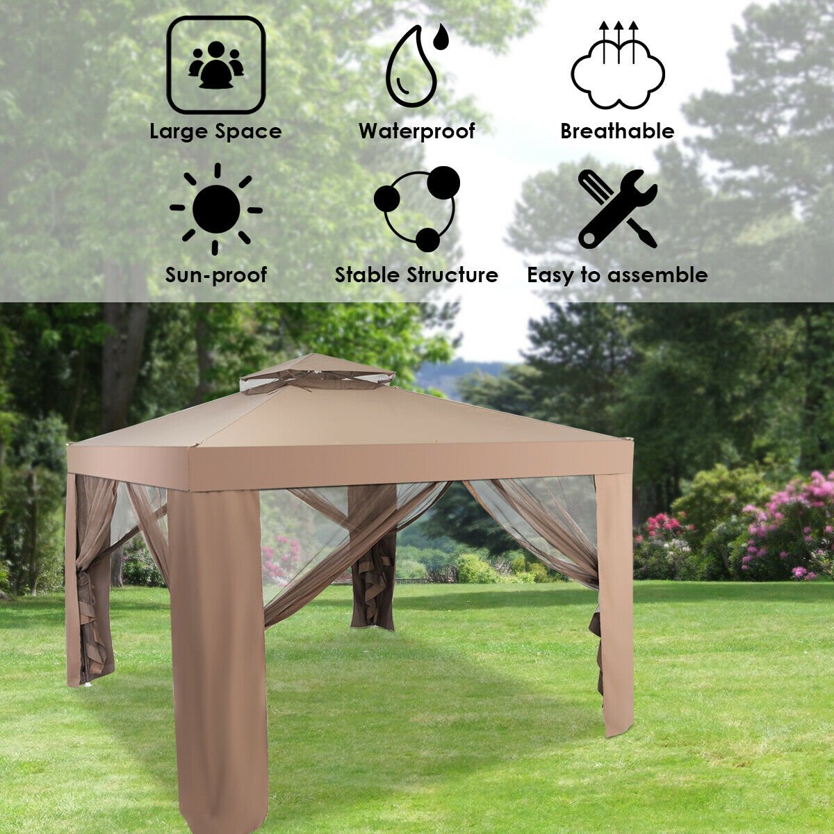 Canopy and Garden Structures Gazebo with Netting for Outdoors-Brown view 6