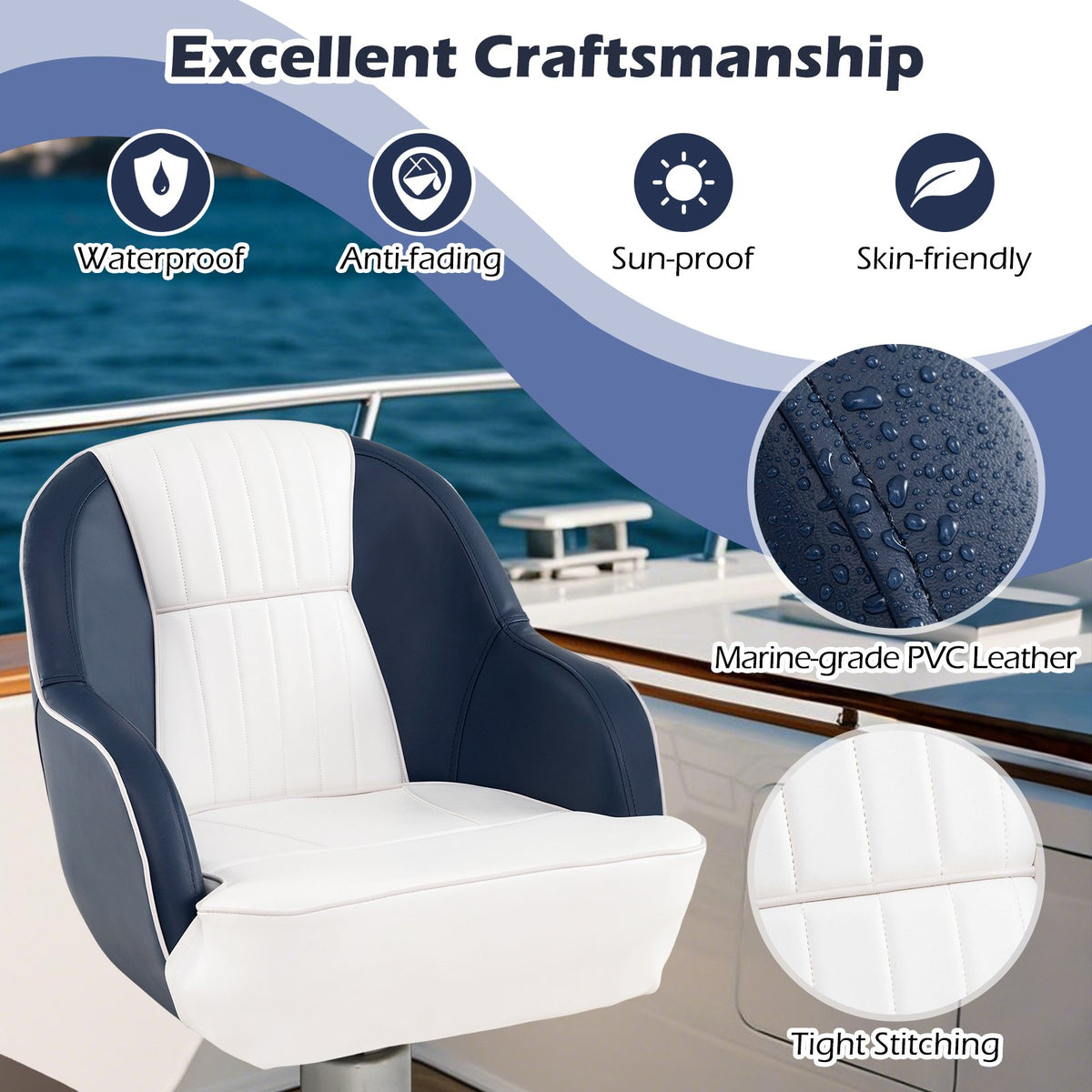 Captain Bucket Seat Pontoon Boat Chair with PVC Leather and Armrests-Blue view 6