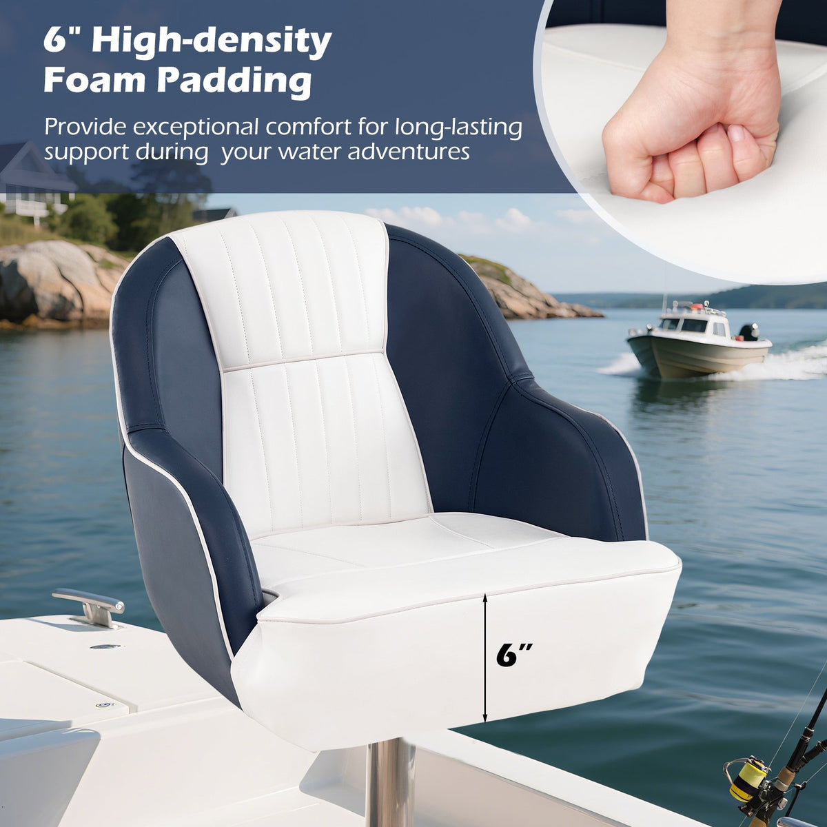 Captain Bucket Seat Pontoon Boat Chair with PVC Leather and Armrests-Blue view 8