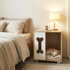 Cat Bed Side Table Wooden Cat Condo with Bone-shape Window and Thick Metal Legs-Natural view 3