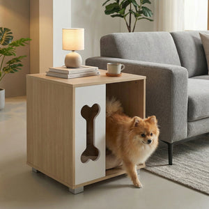 Cat Bed Side Table Wooden Cat Condo with Bone-shape Window and Thick Metal Legs-Natural view 6
