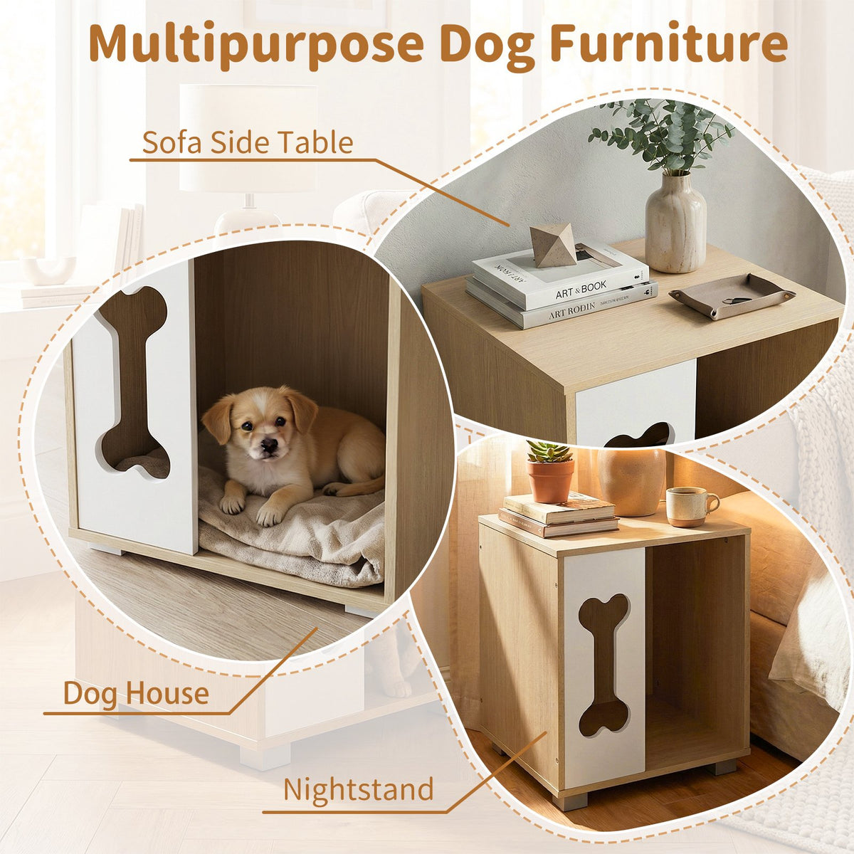 Cat Bed Side Table Wooden Cat Condo with Bone-shape Window and Thick Metal Legs-Natural view 7