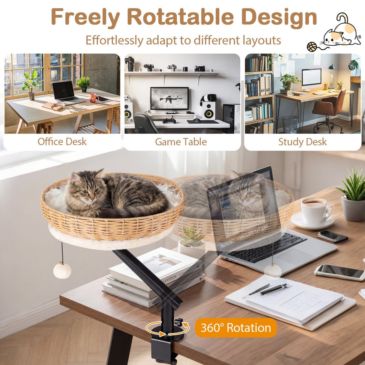 Cat Desk Bed with Removable Padded Cushion for Indoor Cats-Natural view 9