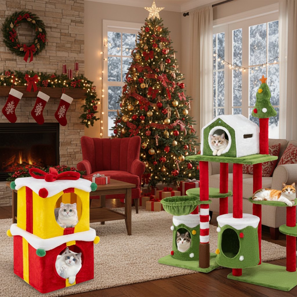 Cat Furniture Set with 58 Inch Tall Cat Tree Tower and 2 Gift Box Shaped Cute Christmas Cat House view 2