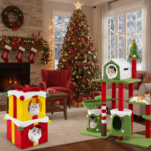 Cat Furniture Set with 58 Inch Tall Cat Tree Tower and 2 Gift Box Shaped Cute Christmas Cat House view 2