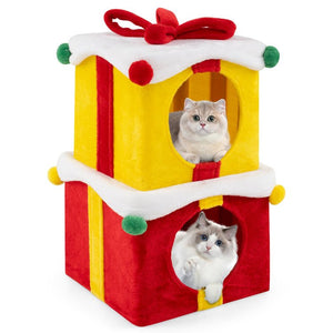 Cat Furniture Set with 58 Inch Tall Cat Tree Tower and 2 Gift Box Shaped Cute Christmas Cat House view 3