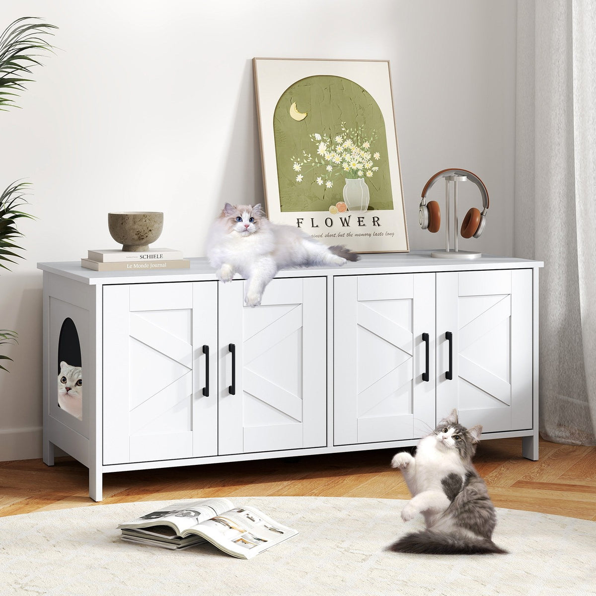 Cat Litter Box Enclosure for 2 Cats Modern Kitty Litter Box Furniture Hidden-White view 2