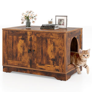 Cat Litter Box Enclosure Furniture Indoor Wooden Cat House End Side Table Nightstand-Brown