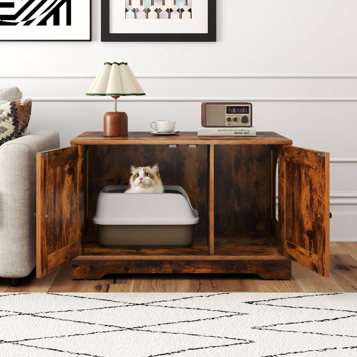 Cat Litter Box Enclosure Furniture Indoor Wooden Cat House End Side Table Nightstand-Brown view 4