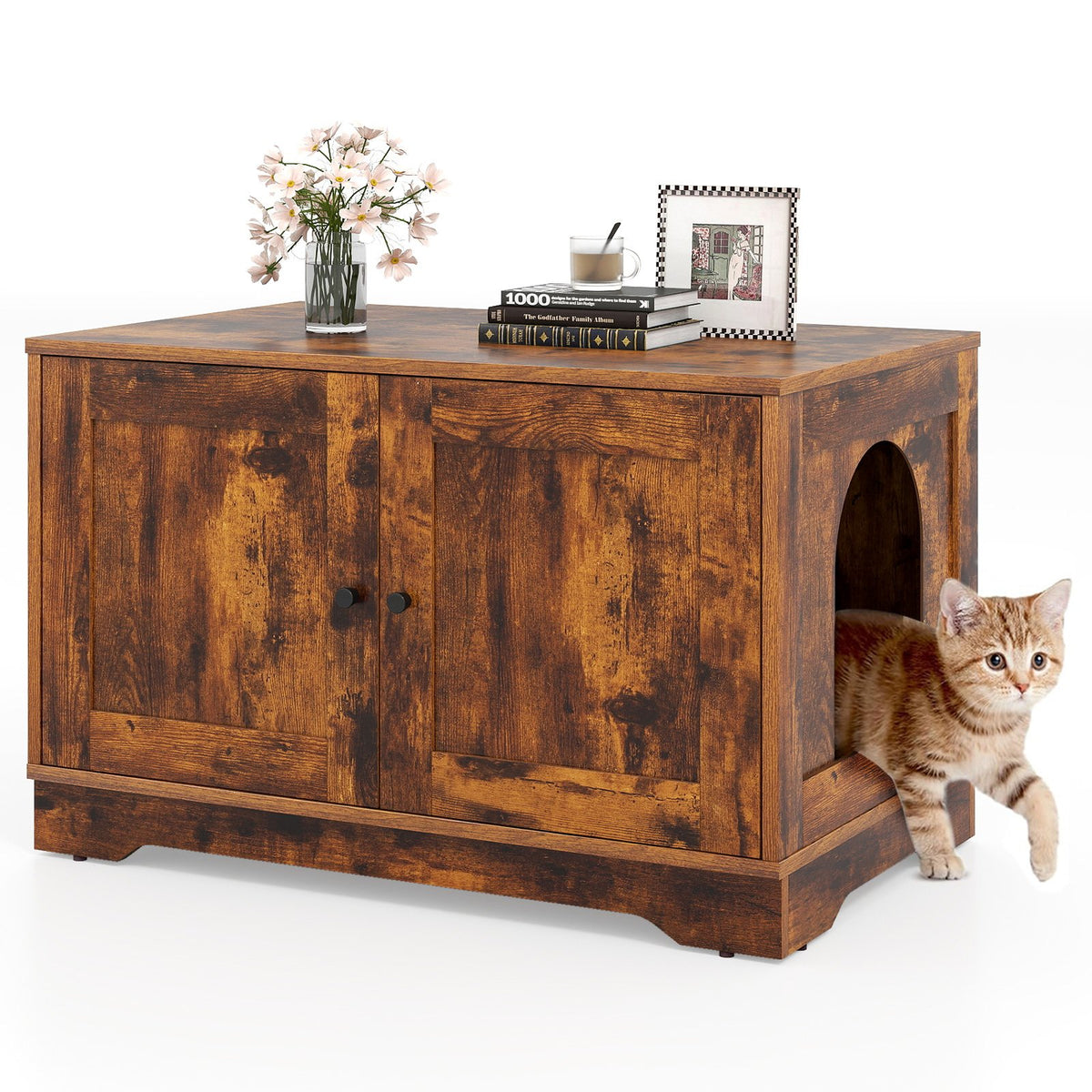 Cat Litter Box Enclosure Furniture Indoor Wooden Cat House End Side Table Nightstand-Brown view 6