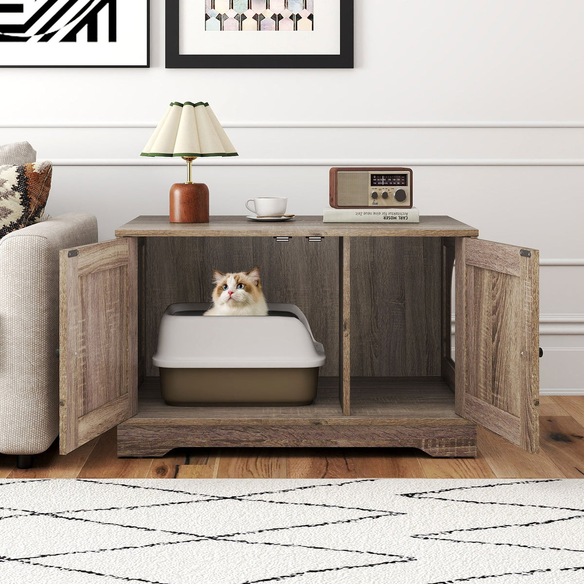Cat Litter Box Enclosure Furniture Indoor Wooden Cat House End Side Table Nightstand-Grey view 4