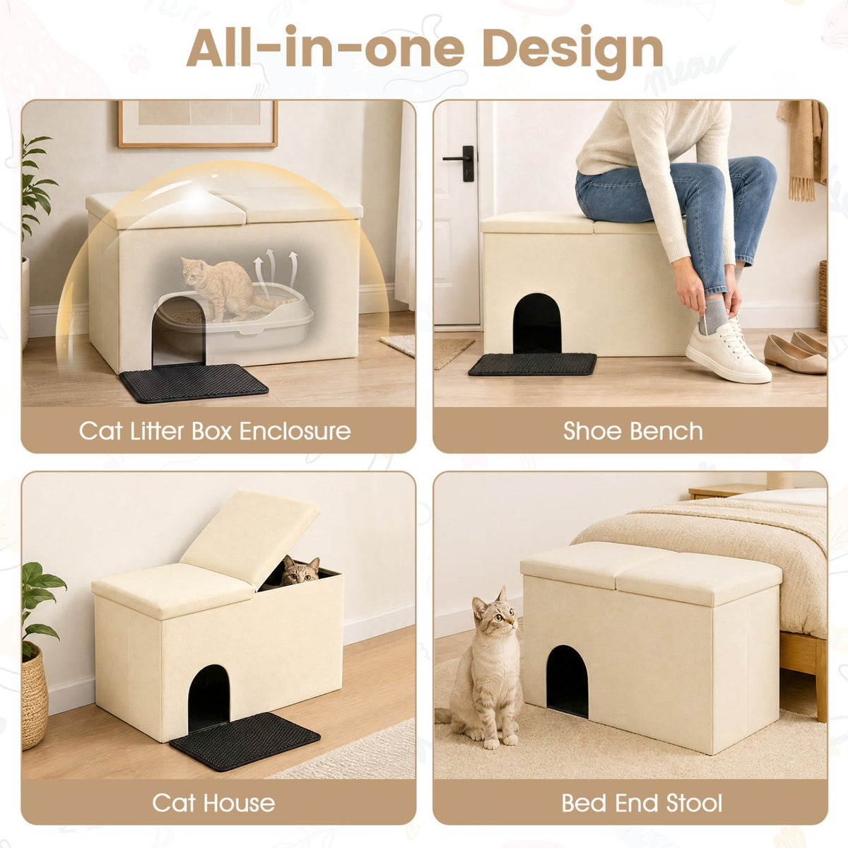 3-in-1 Cat Litter Box Enclosure with Removable & Movable Divider for Pets-Beige view 6