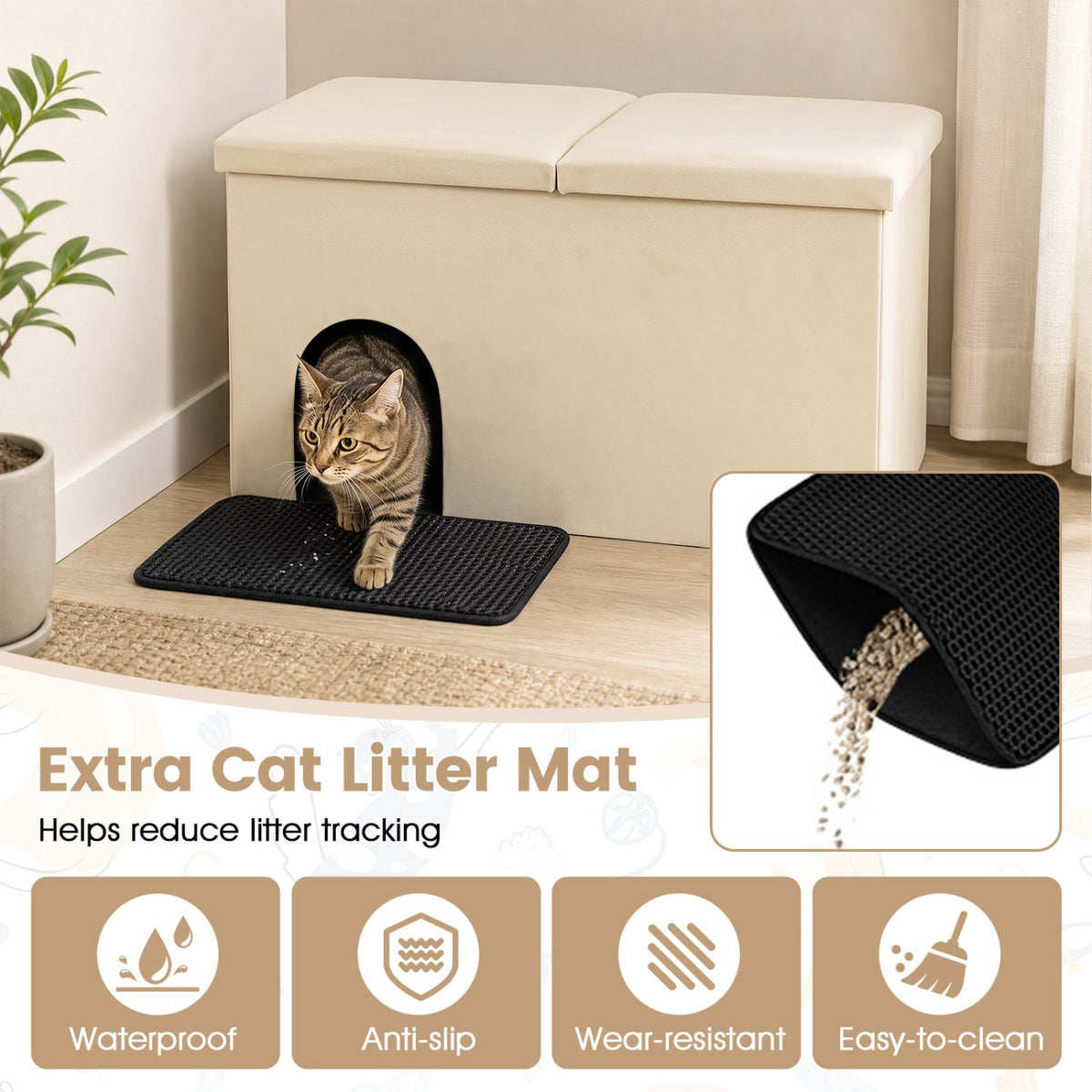 3-in-1 Cat Litter Box Enclosure with Removable & Movable Divider for Pets-Beige view 7