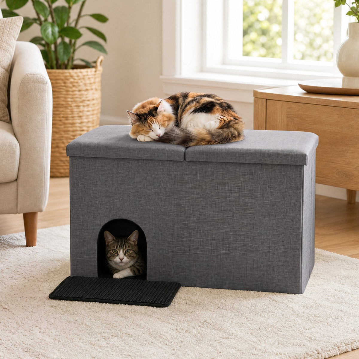 3-in-1 Cat Litter Box Enclosure with Removable & Movable Divider for Pets-Gray view 2