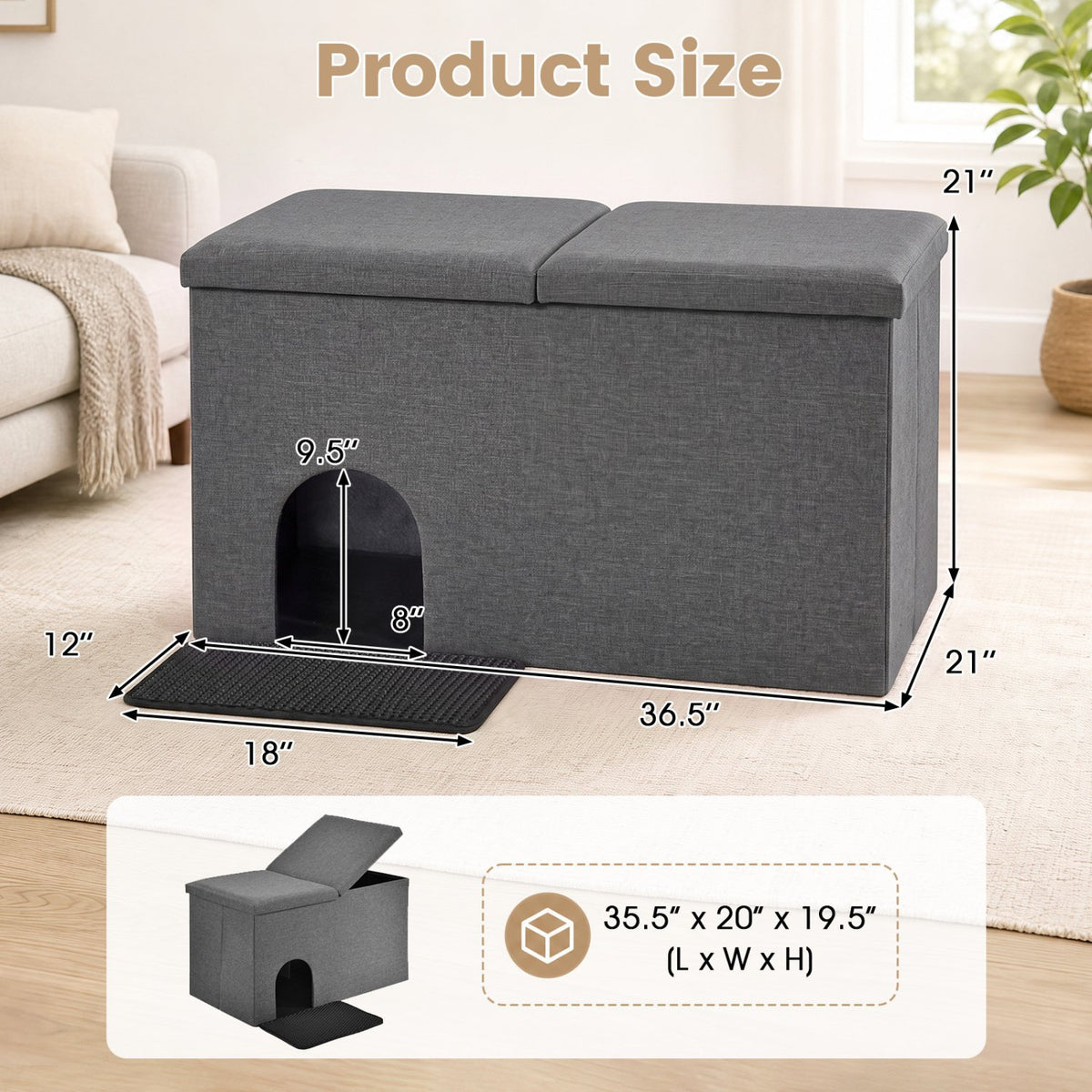 3-in-1 Cat Litter Box Enclosure with Removable & Movable Divider for Pets-Gray view 5