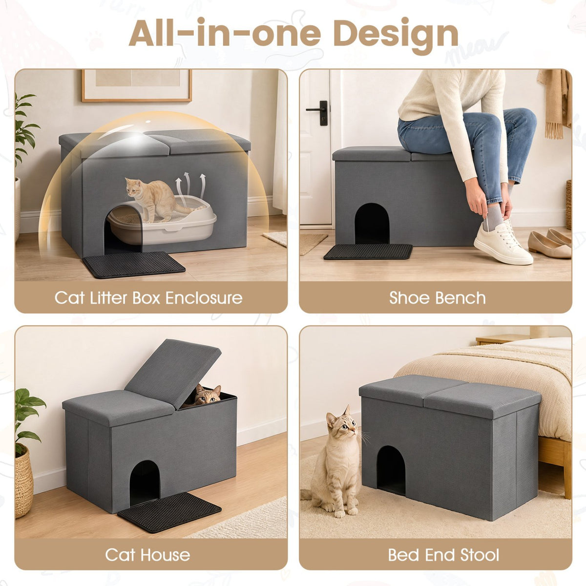 3-in-1 Cat Litter Box Enclosure with Removable & Movable Divider for Pets-Gray view 6