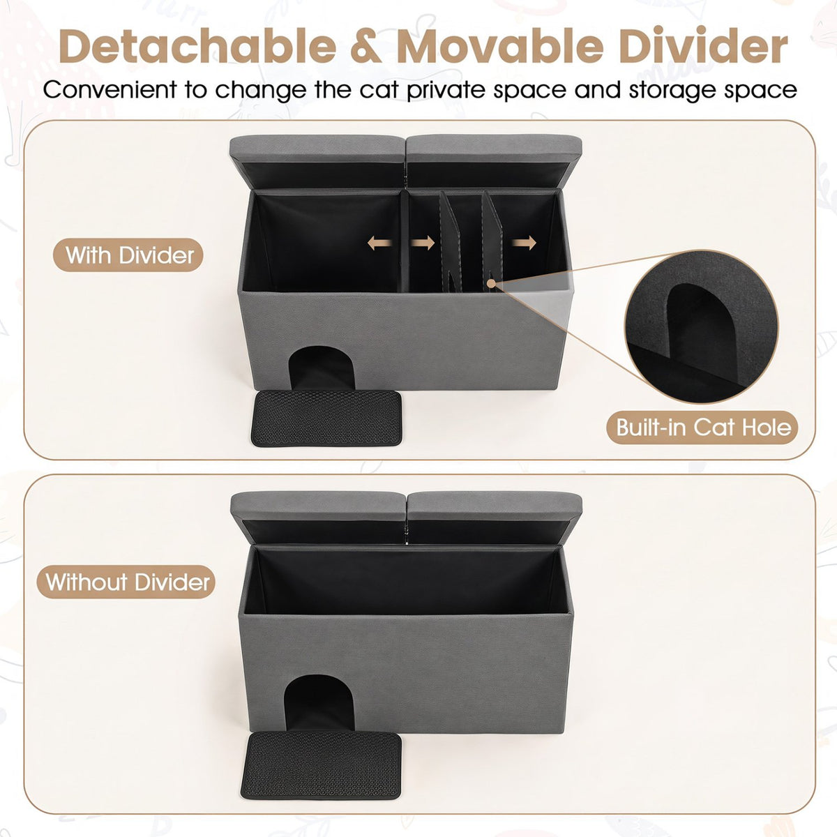 3-in-1 Cat Litter Box Enclosure with Removable & Movable Divider for Pets-Gray view 9