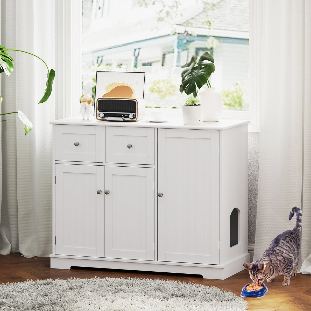 Cat Litter Box Enclosure with 2 Drawers and 3 Doors for Kittens and Adult Cats-White view 2