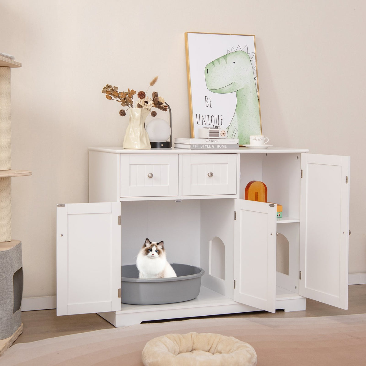 Cat Litter Box Enclosure with 2 Drawers and 3 Doors for Kittens and Adult Cats-White view 3