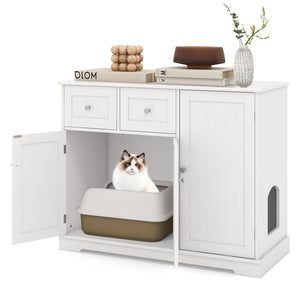 Cat Litter Box Enclosure with 2 Drawers and 3 Doors for Kittens and Adult Cats-White view 4