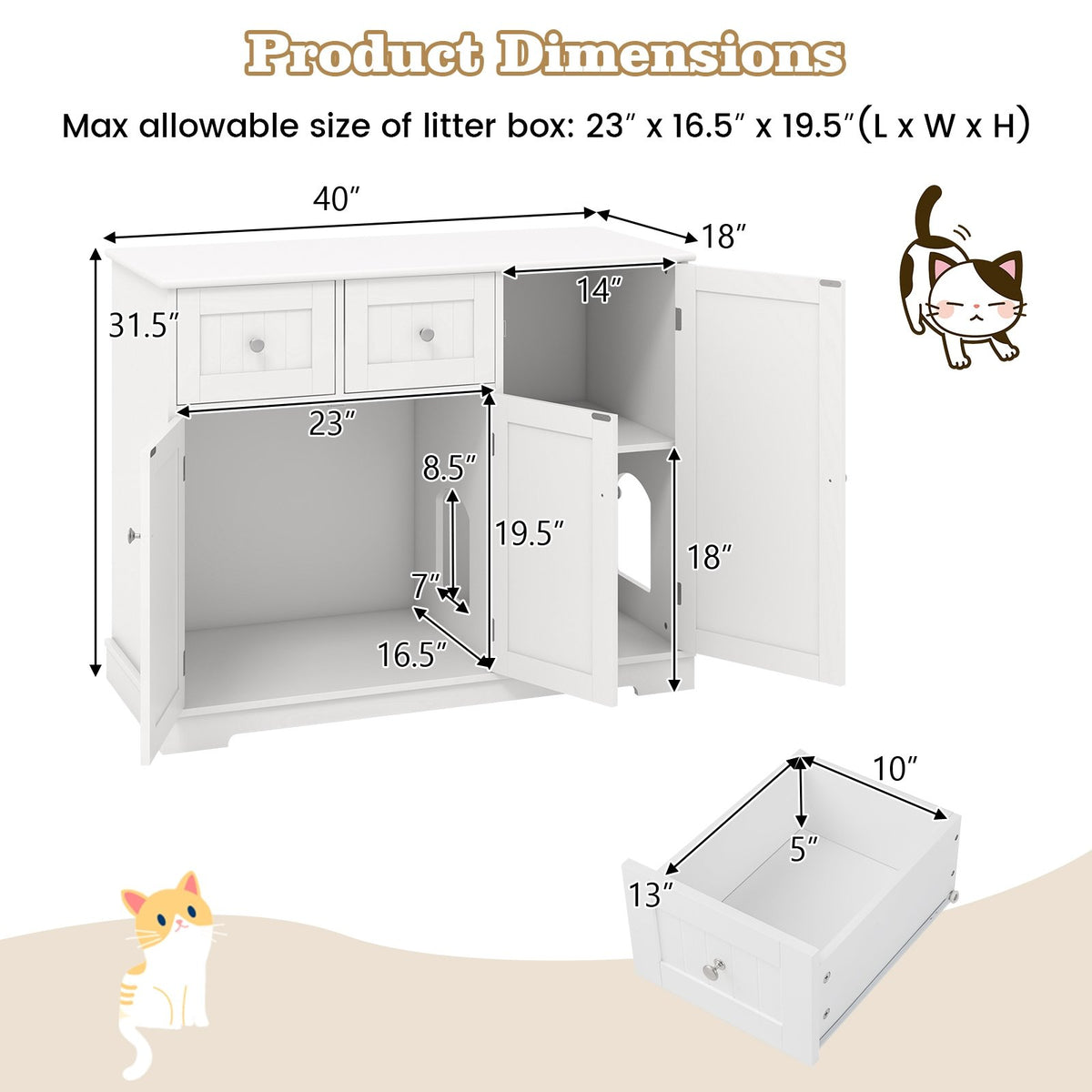 Cat Litter Box Enclosure with 2 Drawers and 3 Doors for Kittens and Adult Cats-White view 5
