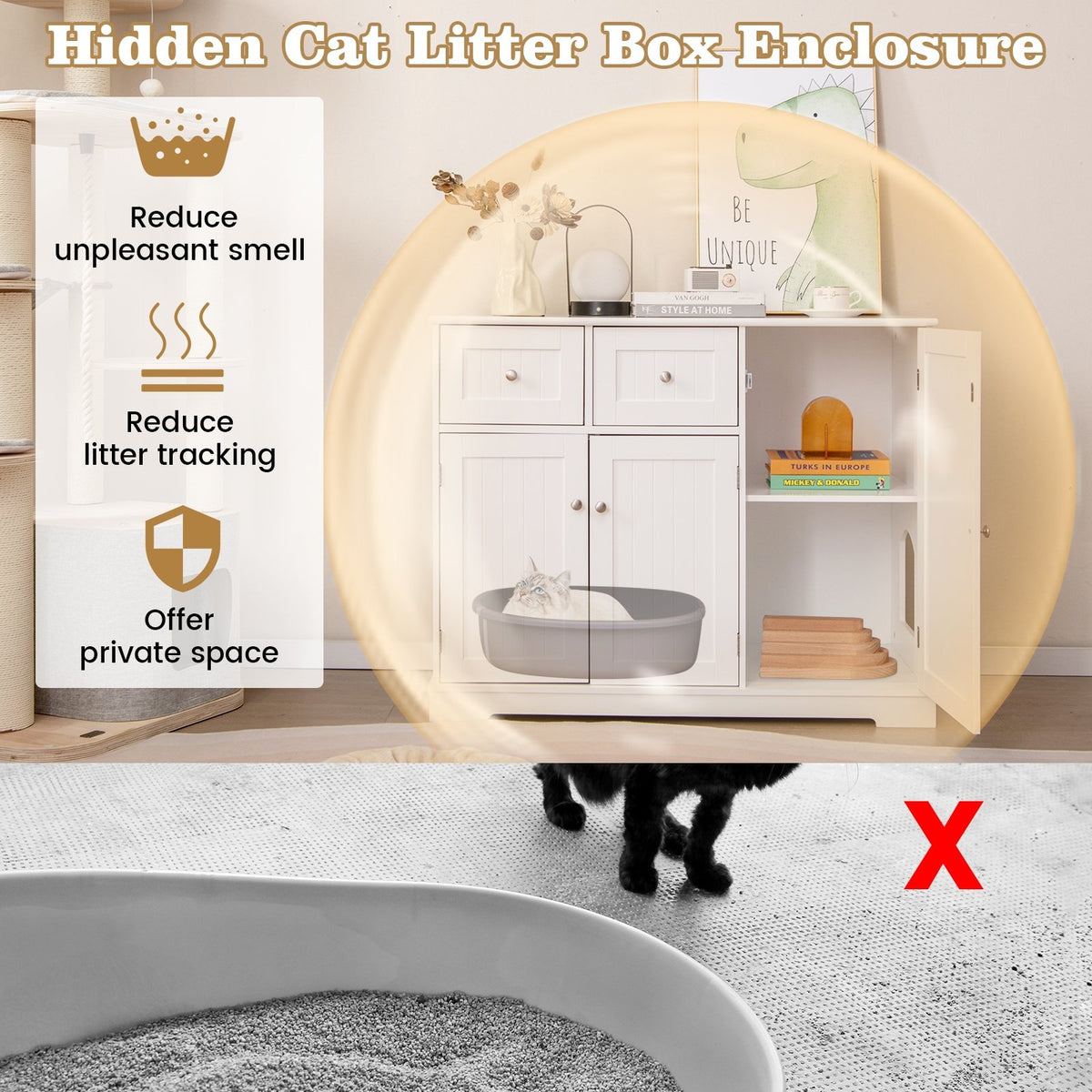 Cat Litter Box Enclosure with 2 Drawers and 3 Doors for Kittens and Adult Cats-White view 7