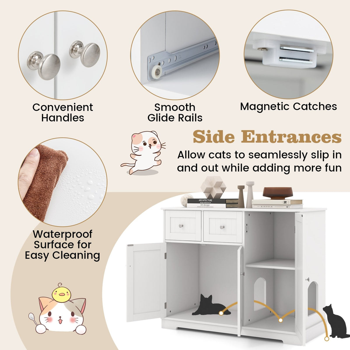 Cat Litter Box Enclosure with 2 Drawers and 3 Doors for Kittens and Adult Cats-White view 9