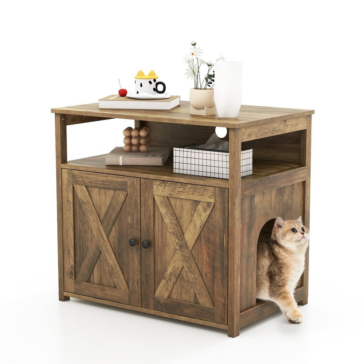 Cat Litter Box Enclosure with Double Barn Doors, Divider, Side Entry and Storage Shelf