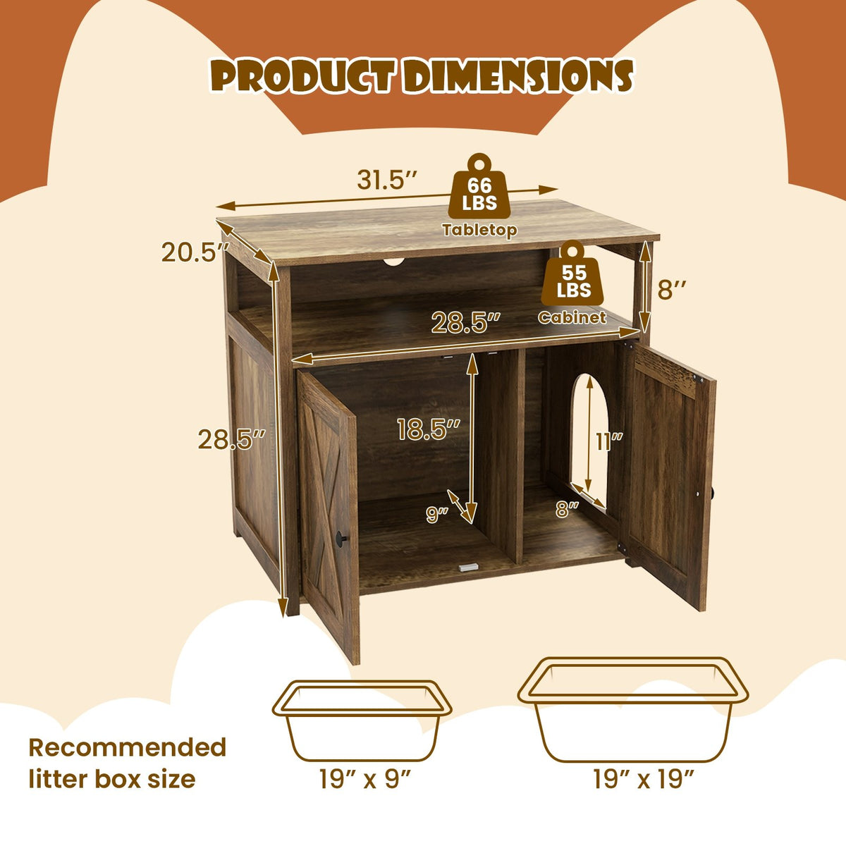 Cat Litter Box Enclosure with Double Barn Doors, Divider, Side Entry and Storage Shelf view 5