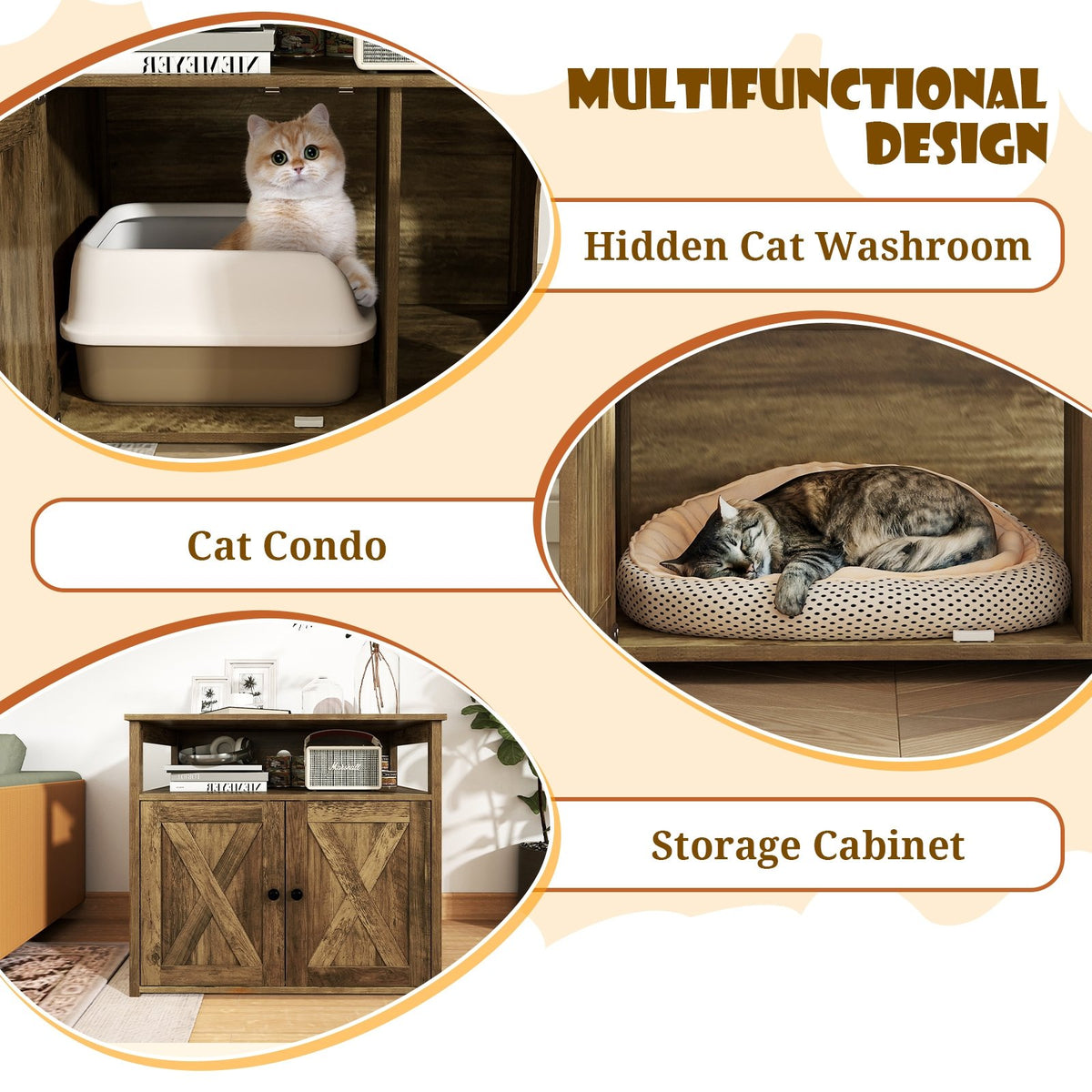 Cat Litter Box Enclosure with Double Barn Doors, Divider, Side Entry and Storage Shelf view 6