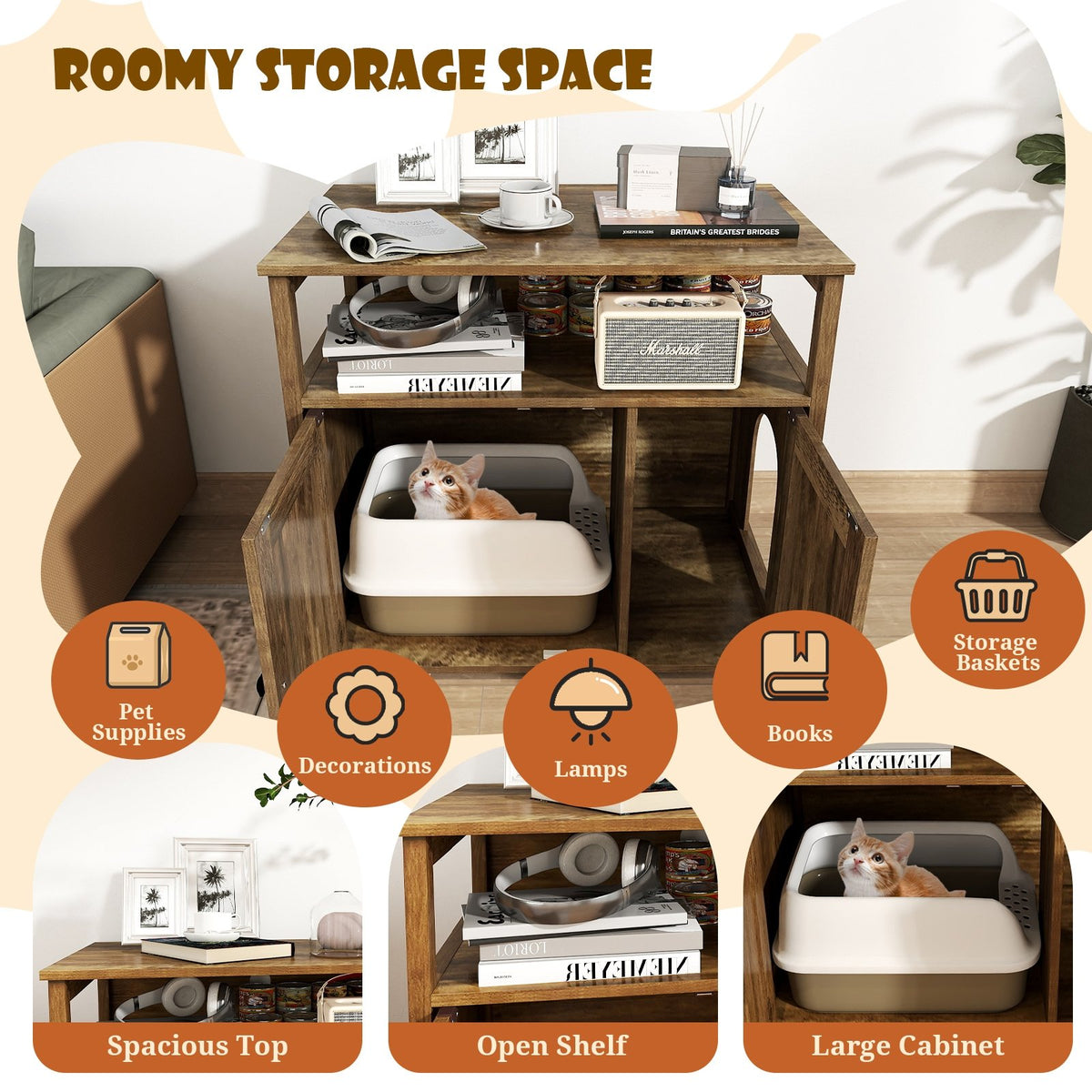 Cat Litter Box Enclosure with Double Barn Doors, Divider, Side Entry and Storage Shelf view 7