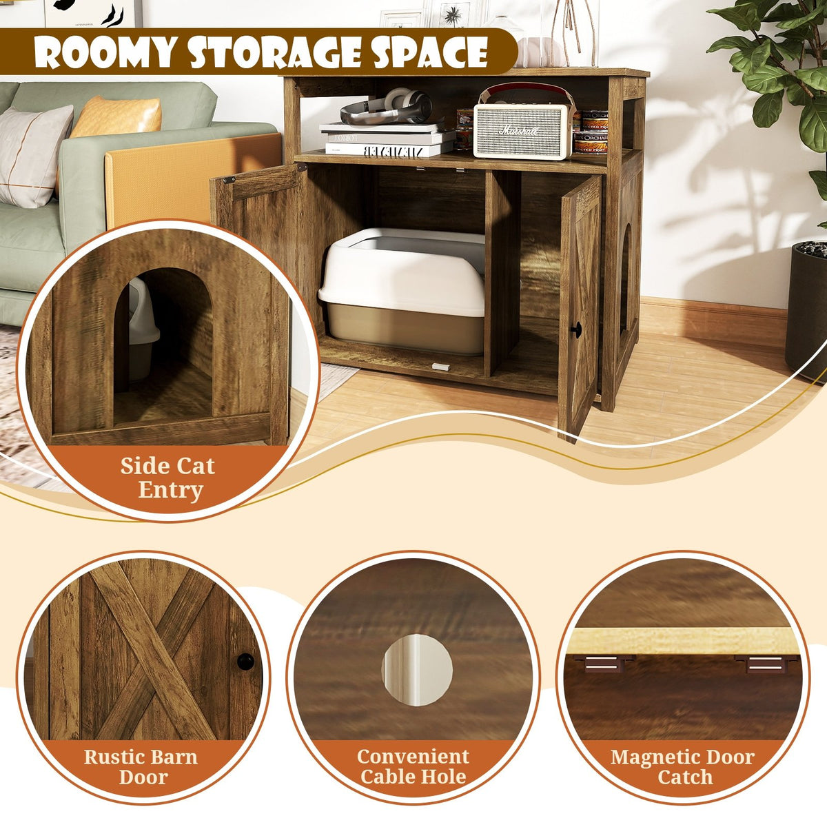 Cat Litter Box Enclosure with Double Barn Doors, Divider, Side Entry and Storage Shelf view 8