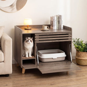 Cat Litter Box Enclosure with Flip-down Opening Door and Scratching Mat-Brown view 3