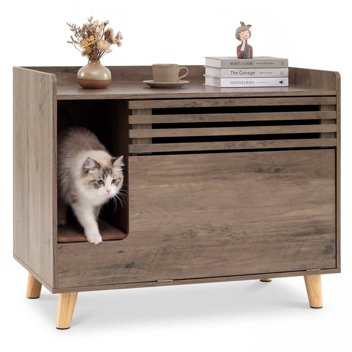 Cat Litter Box Enclosure with Flip-down Opening Door and Scratching Mat-Brown view 4