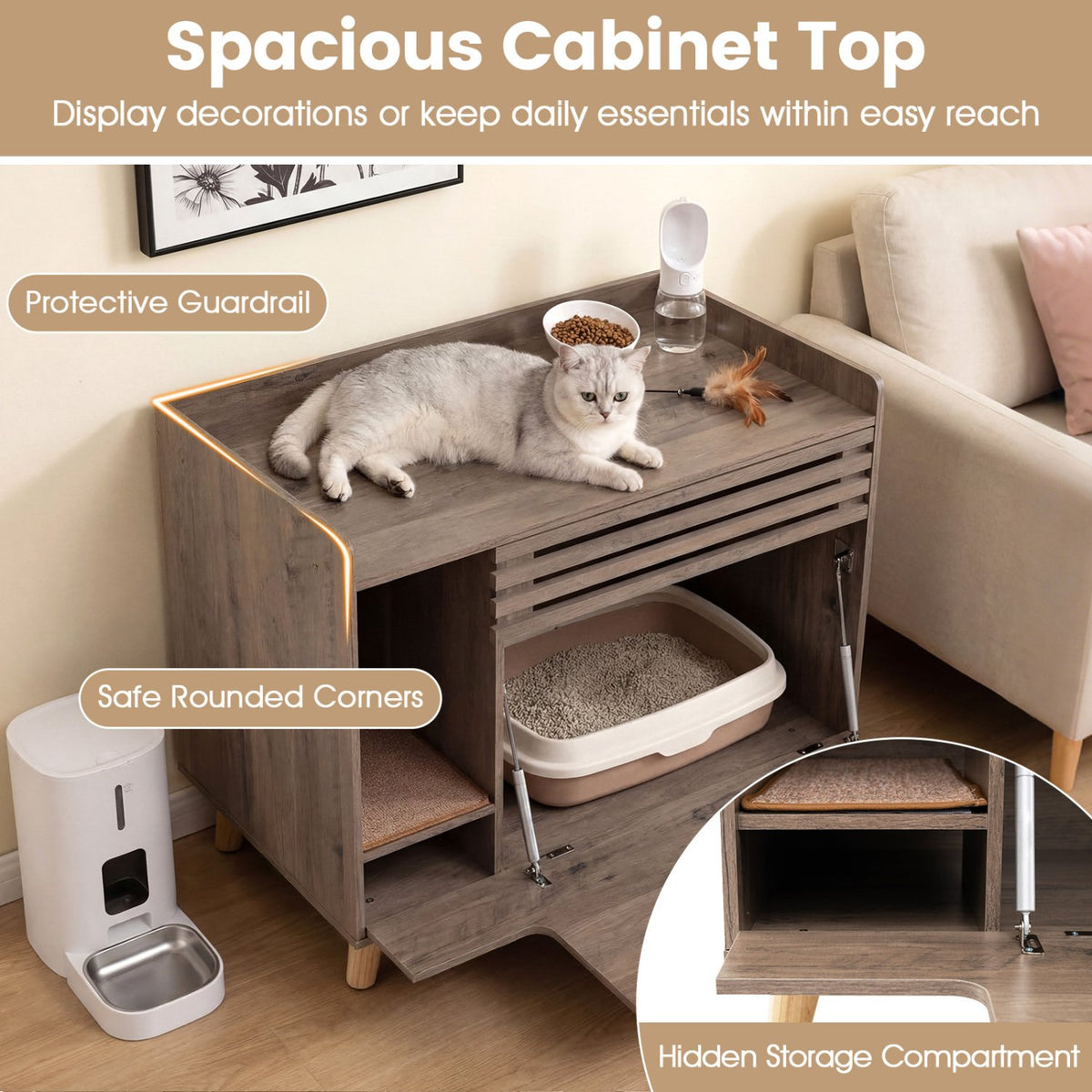 Cat Litter Box Enclosure with Flip-down Opening Door and Scratching Mat-Brown view 7