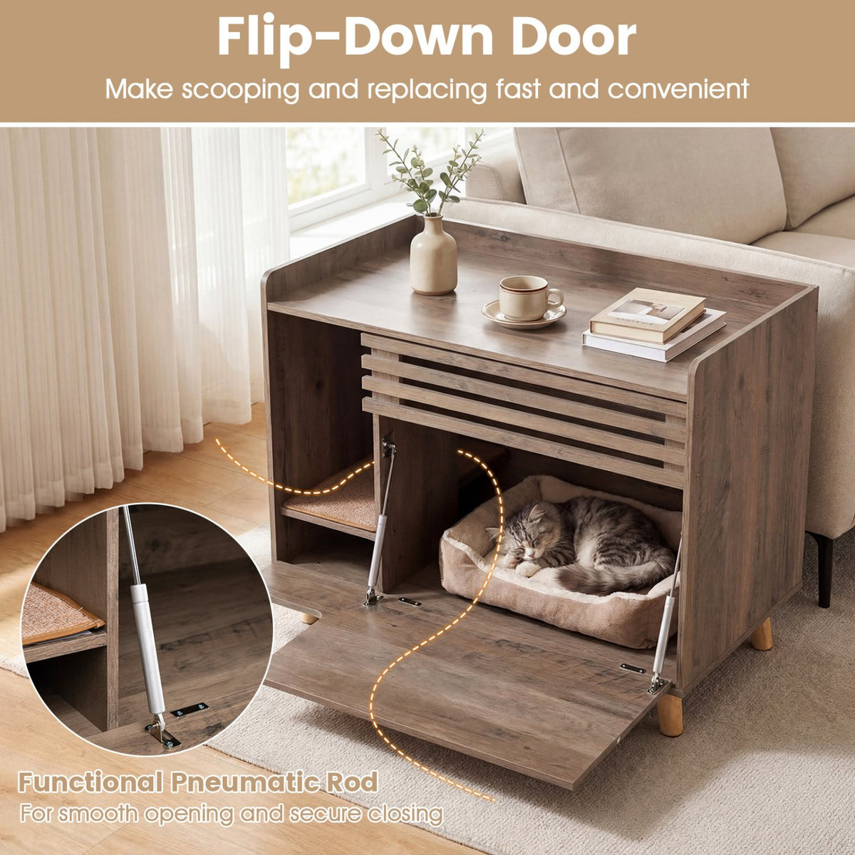 Cat Litter Box Enclosure with Flip-down Opening Door and Scratching Mat-Brown view 8