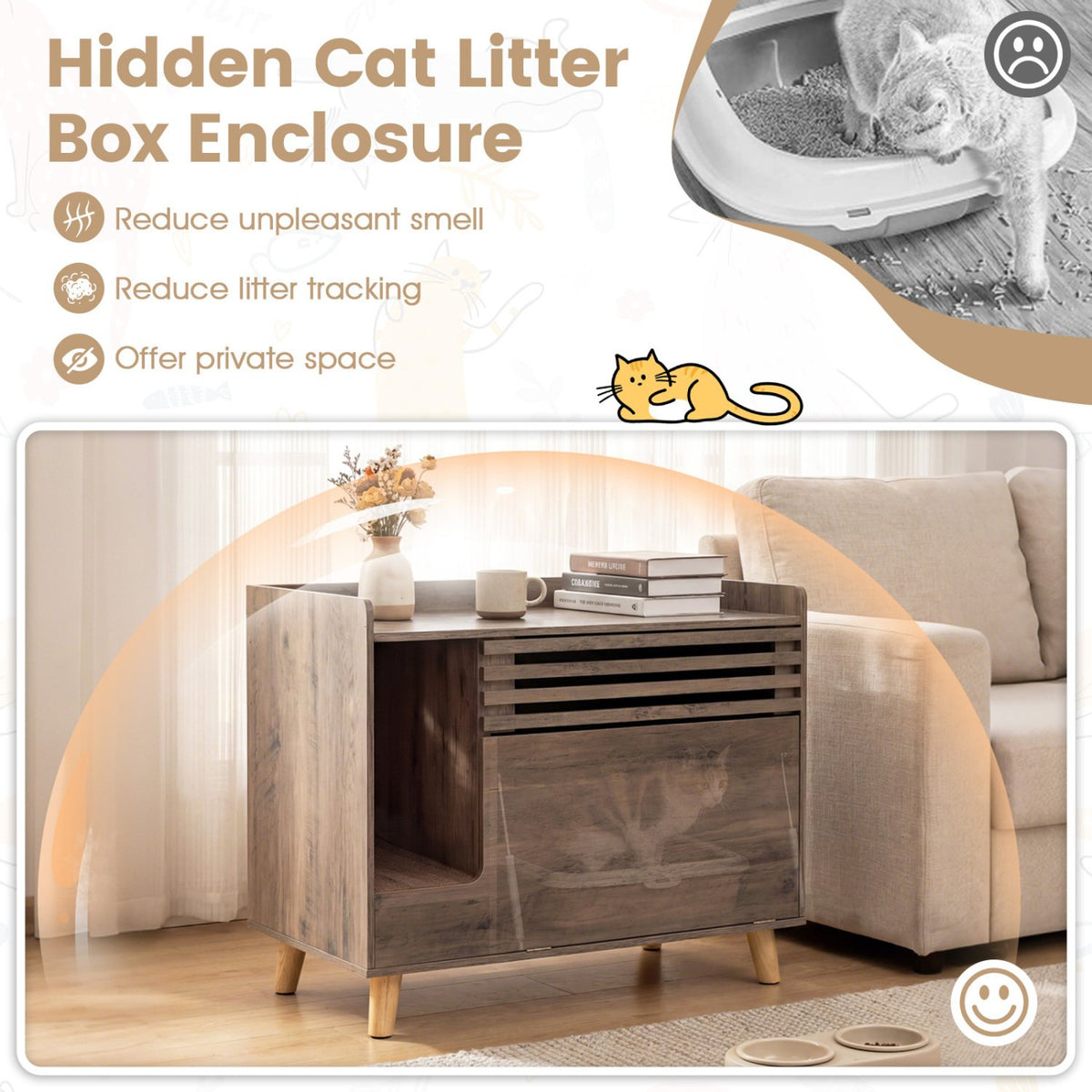 Cat Litter Box Enclosure with Flip-down Opening Door and Scratching Mat-Brown view 9